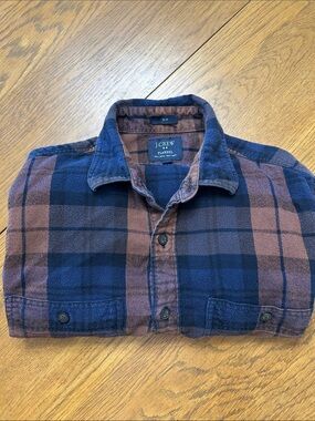 J. Crew Navy and Brown Plaid Flannel Button-Down Shirt